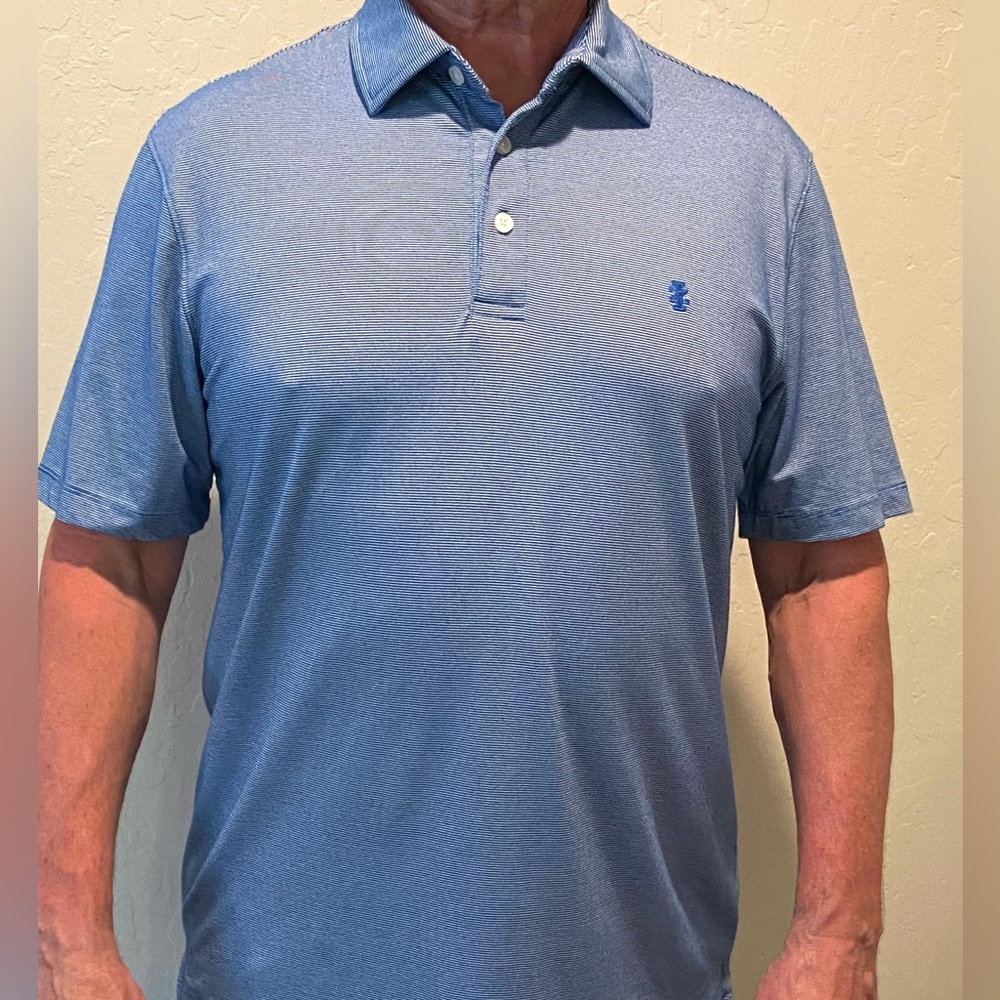 IZOD Mens Polo Shirt Blue & White Horizontal Pinstripes NWOT Perfect Condition M